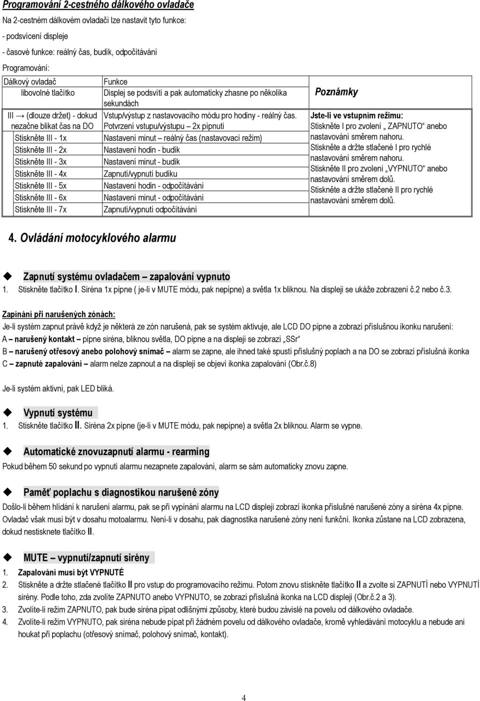 nezačne blikat čas na DO Potvrzení vstupu/výstupu 2x pípnutí Stiskněte III - 1x Nastavení minut reálný čas (nastavovací režim) Stiskněte III - 2x Nastavení hodin - budík Stiskněte III - 3x Nastavení