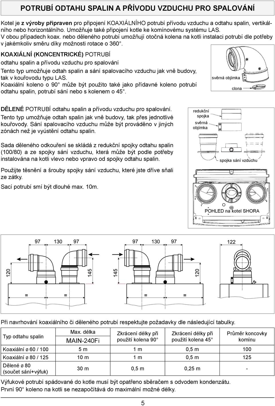 POTBÍ ODTA SPALIN A PŘÍVODU VZDUC PRO SPALOVÁNÍ Kotel je z výroby připraven pro připojení KOAXIÁLNÍHO kotle potrubí přívodu vzduchu clony a odtahu spalin, vertikálního nebo horizontálního.