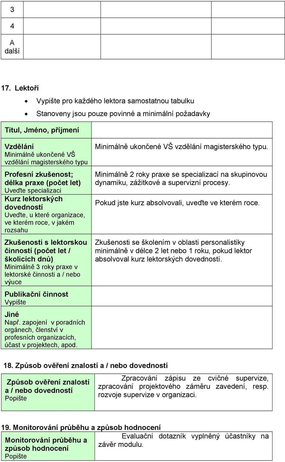 zkušenost; délka praxe (počet let) Uveďte specializaci Kurz lektorských dovedností Uveďte, u které organizace, ve kterém roce, v jakém rozsahu Zkušenosti s lektorskou činností (počet let / školicích