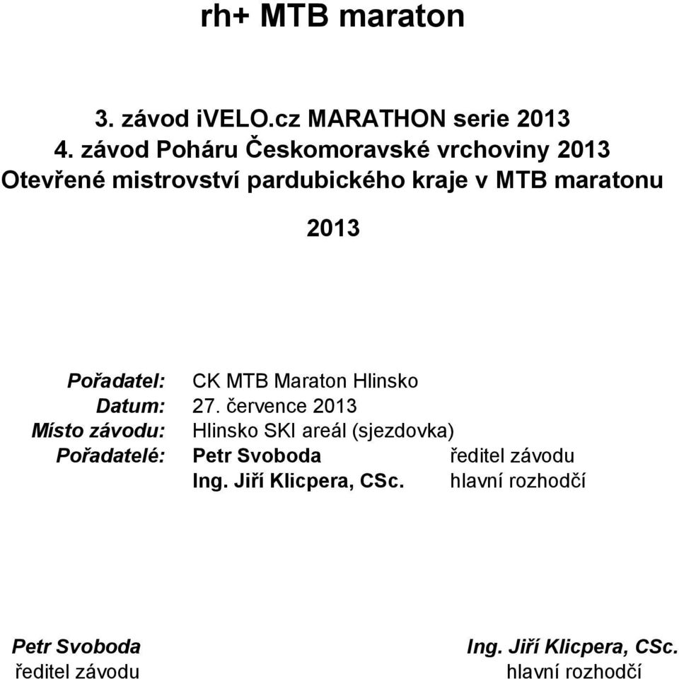 Pořadatel: Datum: Místo závodu: Pořadatelé: CK MTB Maraton Hlinsko 27.