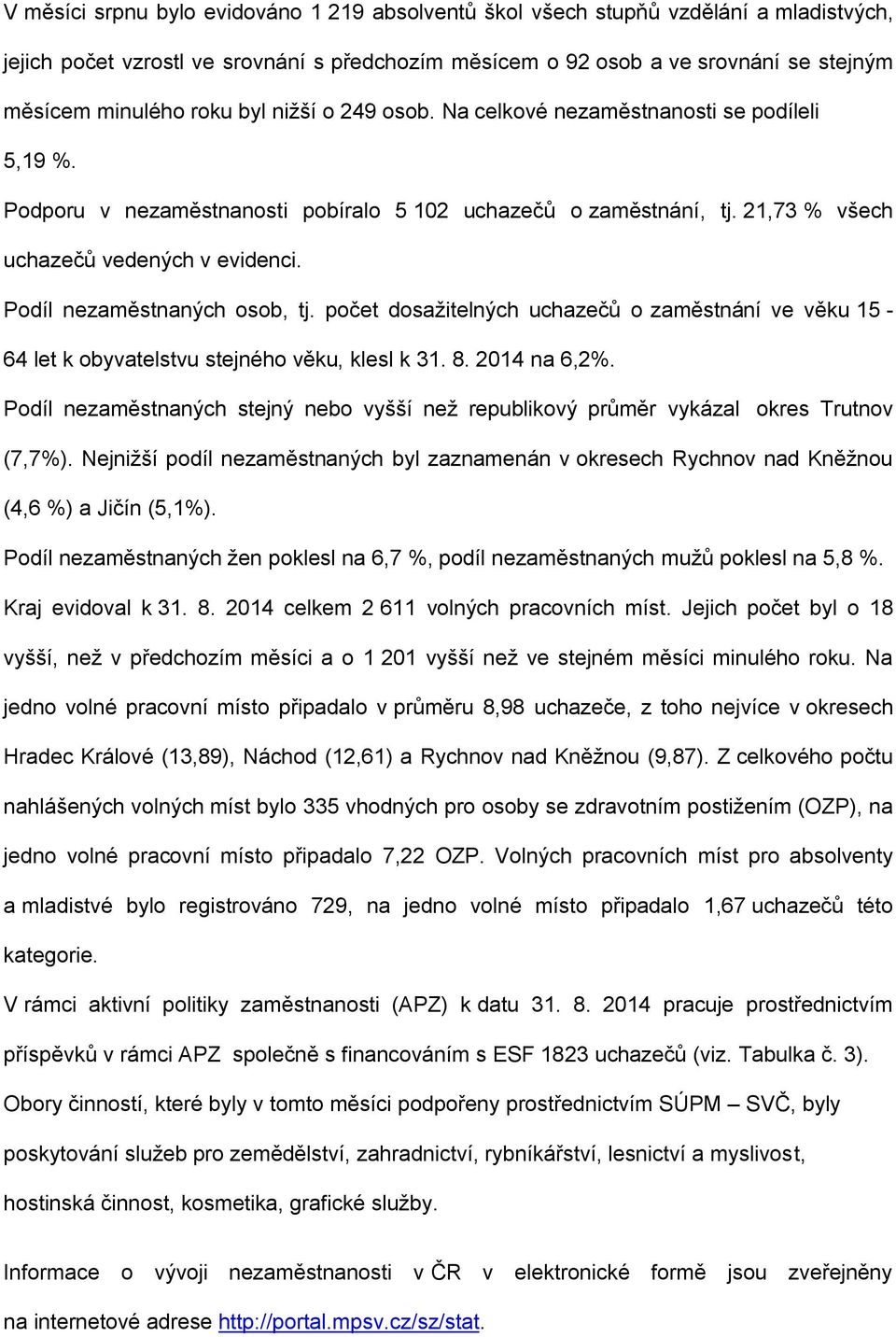 Podíl nezaměstnaných osob, tj. počet dosažitelných uchazečů o zaměstnání ve věku 15-64 let k obyvatelstvu stejného věku, klesl k 31. 8. 2014 na 6,2%.