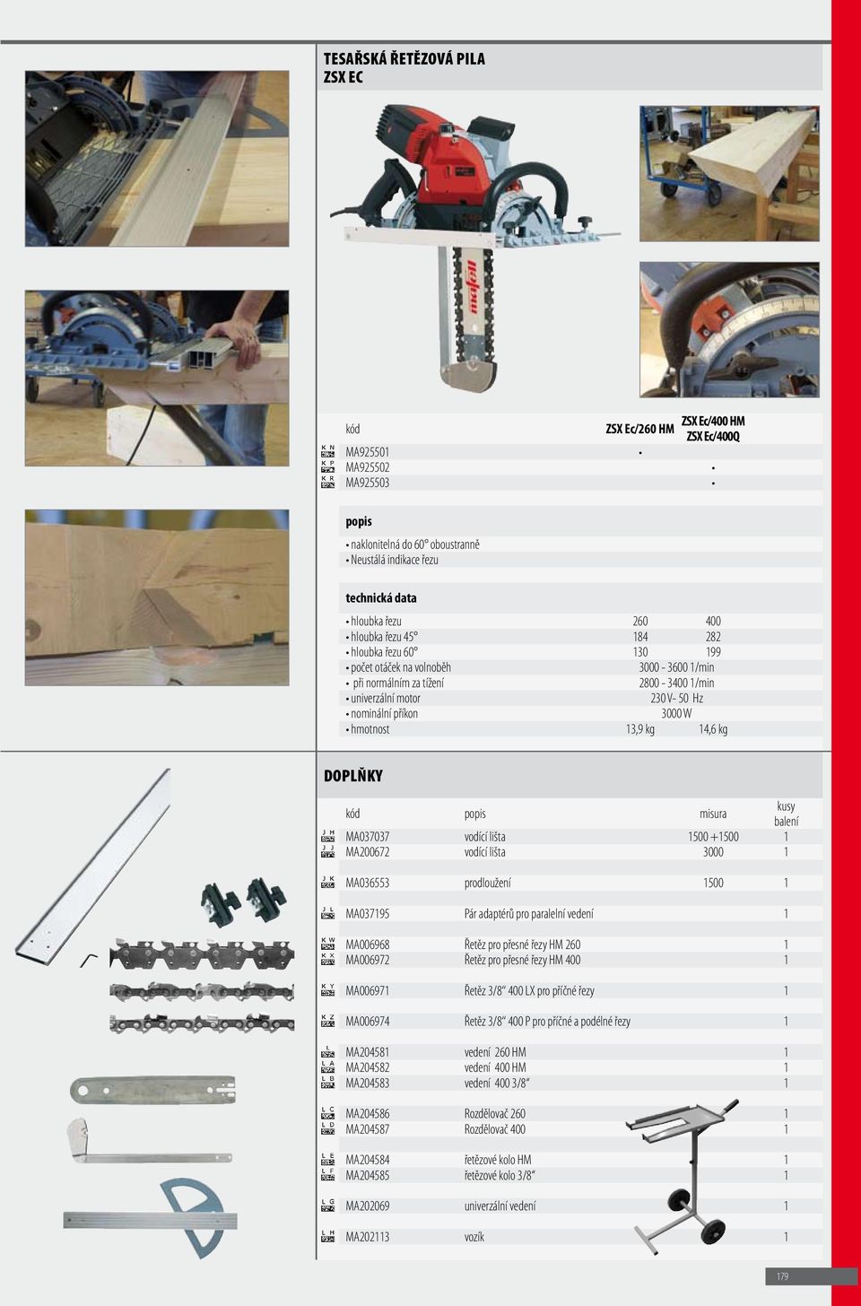 MA037037 vodící lišta 1500 +1500 1 MA200672 vodící lišta 3000 1 MA036553 prodloužení 1500 1 MA037195 Pár adaptérů pro paralelní vedení 1 MA006968 Řetěz pro přesné řezy HM 260 1 MA006972 Řetěz pro