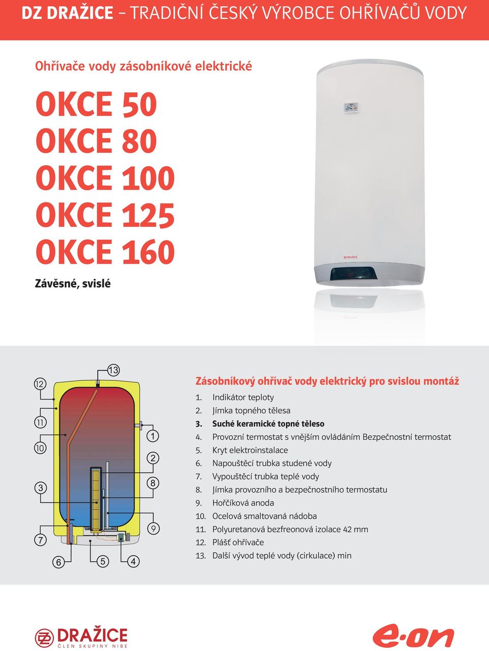 Kryt elektroinstalace 6. Napouštěcí trubka studené vody 7. Vypouštěcí trubka teplé vody 8. Jímka provozního a bezpečnostního termostatu 9.