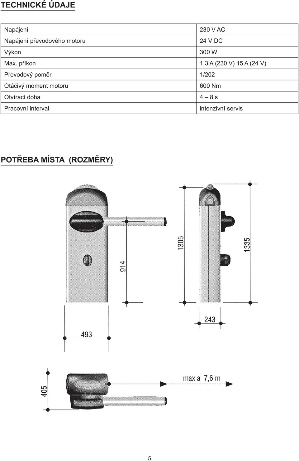 příkon 1,3 A (230 V) 15 A (24 V) Převodový poměr 1/202 Otáčivý