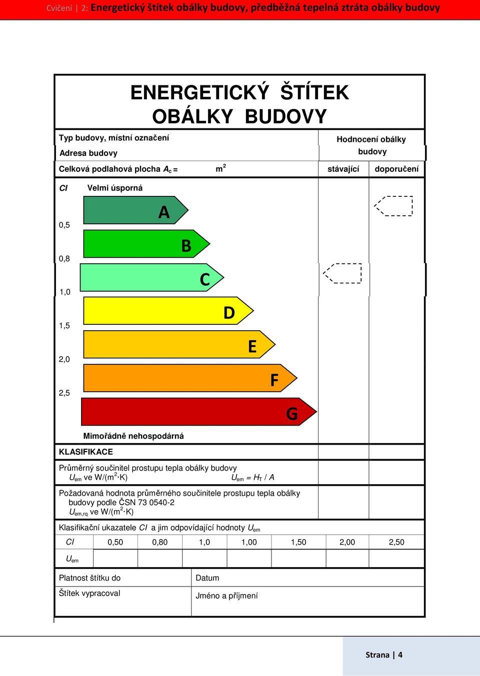 ve W/(m 2 K) U em = H T / A Požadovaná hodnota průměrného součinitele prostupu obálky budovy podle ČSN 73 0540-2 U em,rq ve W/(m 2 K) Klasifikační