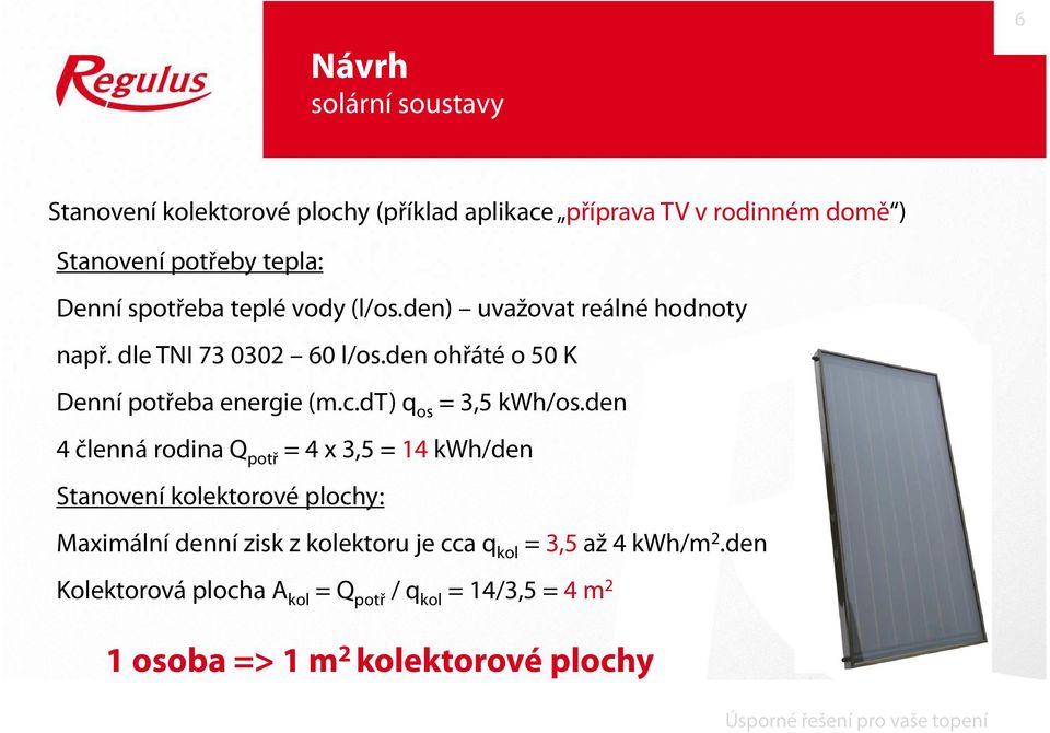 den ohřáté o 50 K Denní potřeba energie (m.c.dt) q os = 3,5 kwh/os.