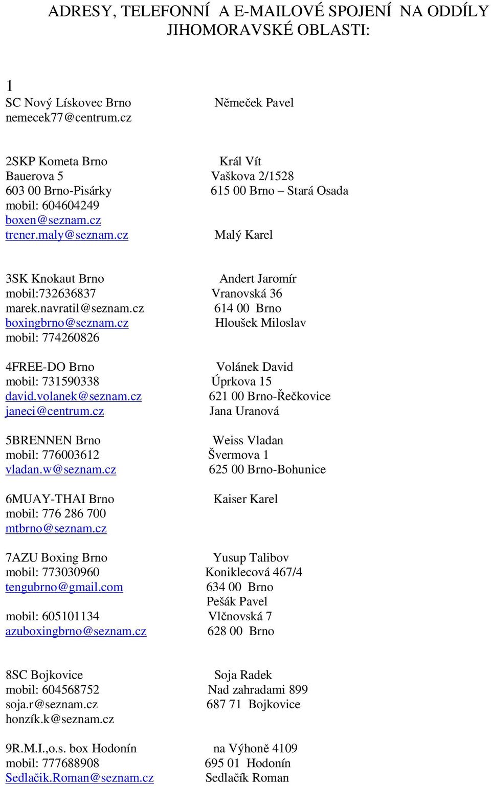 cz Malý Karel 3SK Knokaut Brno Andert Jaromír mobil:732636837 Vranovská 36 marek.navratil@seznam.cz 614 00 Brno boxingbrno@seznam.