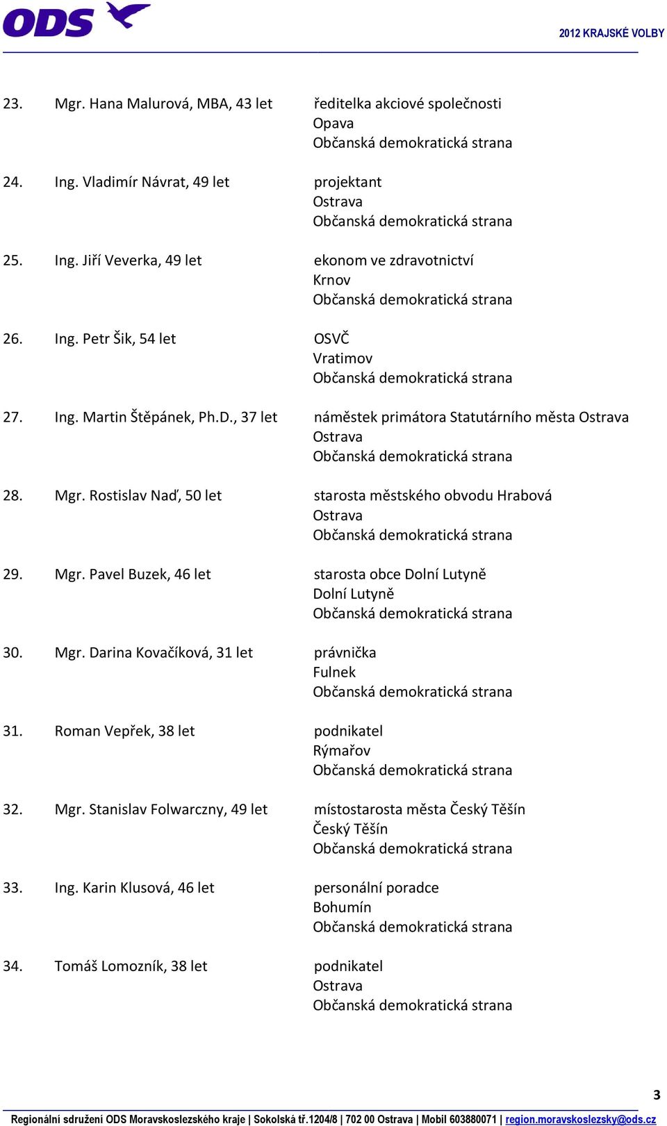 Mgr. Darina Kovačíková, 31 let právnička Fulnek 31. Roman Vepřek, 38 let podnikatel Rýmařov 32. Mgr. Stanislav Folwarczny, 49 let místostarosta města Český Těšín Český Těšín 33. Ing.
