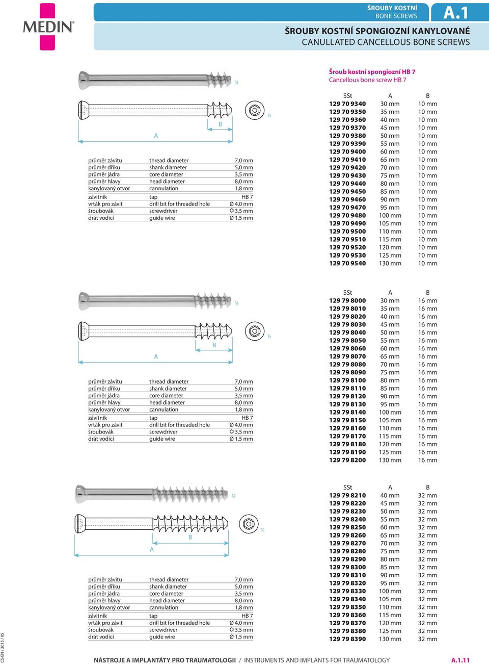 mm závitník tap H 7 vrták pro závit drill bit for threaded hole Ø 4,0 mm drát vodicí guide wire Ø 1,5 mm Šroub kostní spongiozní H 7 Cancellous bone screw H 7 SSt 129 70 9340 30 mm 10 mm 129 70 9350