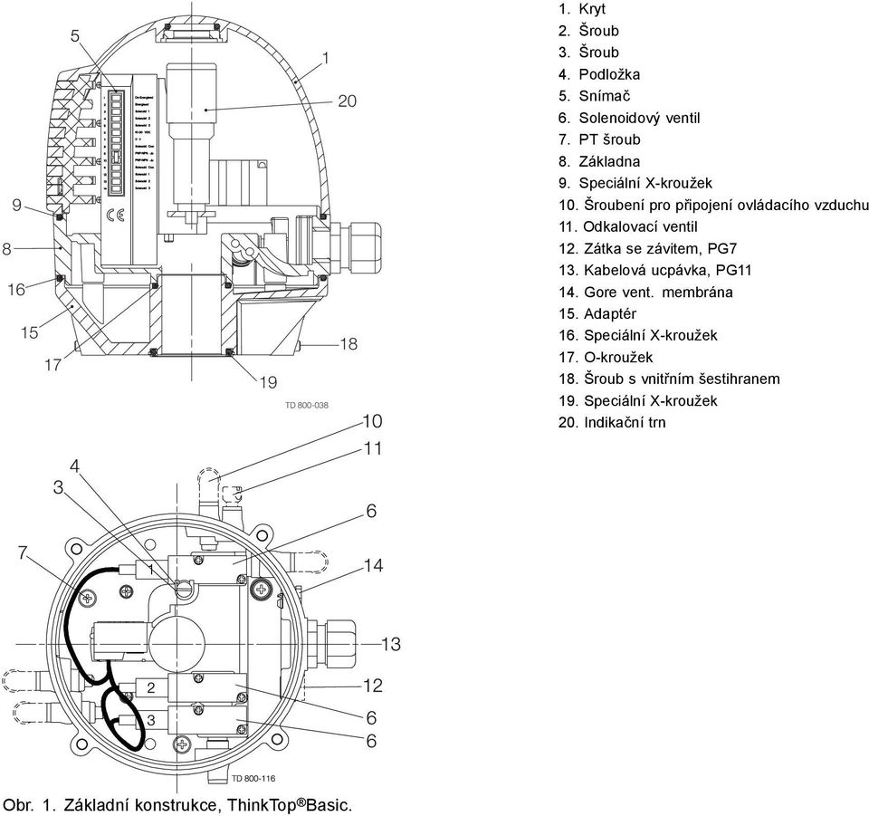 závitem, PG7 13 Kabelová ucpávka, PG11 14 Gore vent membrána 15 Adaptér 1 Speciální X-kroužek 17 O-kroužek 18
