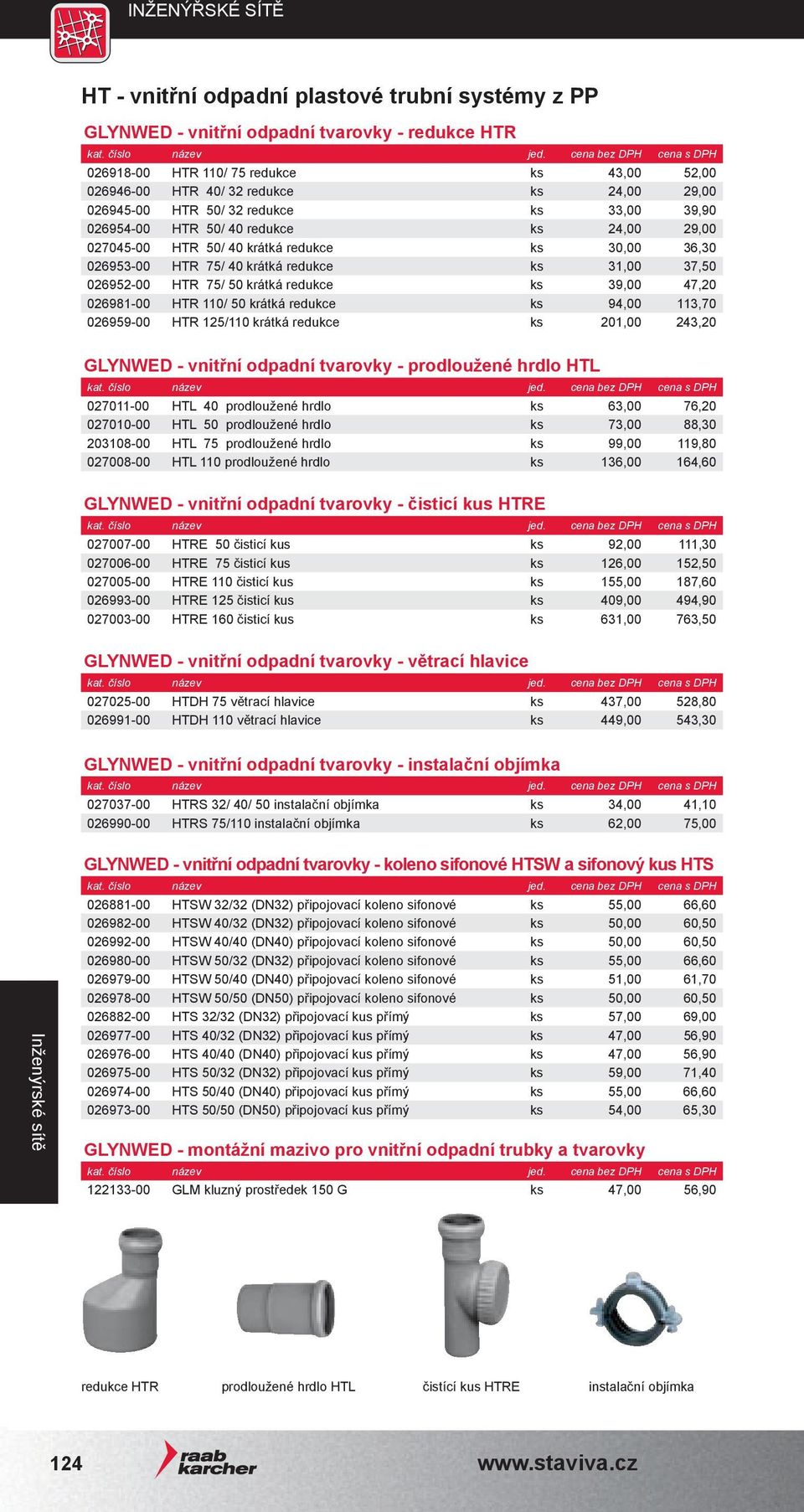 50 krátká redukce ks 39,00 47,20 026981-00 HTR 110/ 50 krátká redukce ks 94,00 113,70 026959-00 HTR 125/110 krátká redukce ks 201,00 243,20 GLYNWED - vnitřní odpadní tvarovky - prodloužené hrdlo HTL