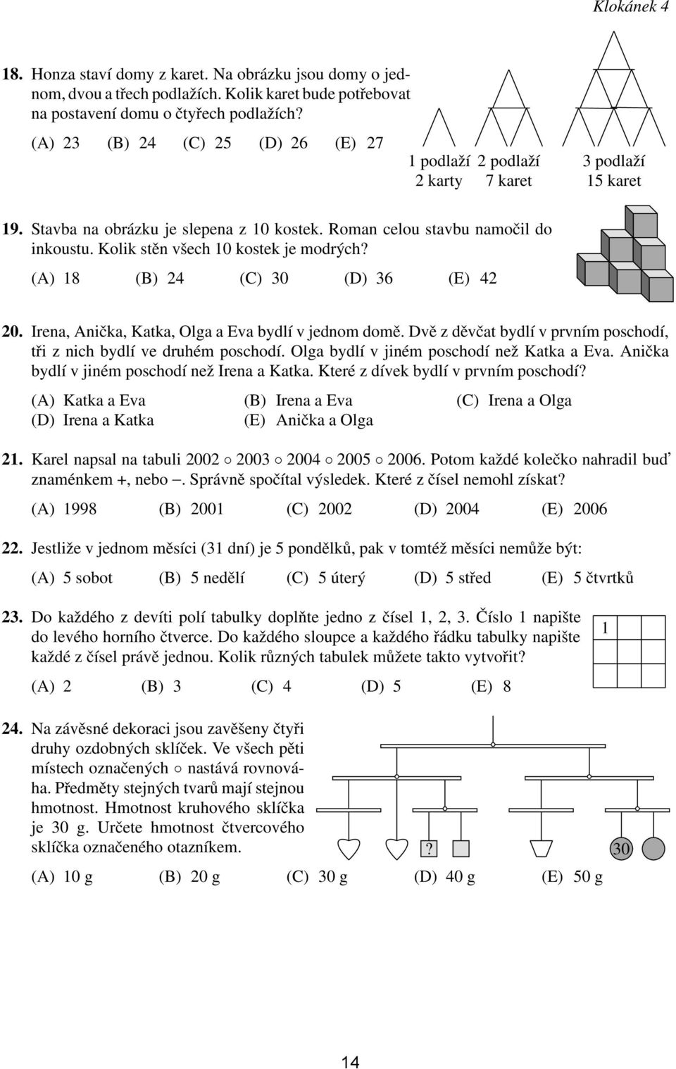 Kolik stěn všech 10 kostek je modrých? (A) 18 (B) 24 (C) 30 (D) 36 (E) 42 20. Irena, Anička, Katka, Olga a Eva bydlí v jednom domě.