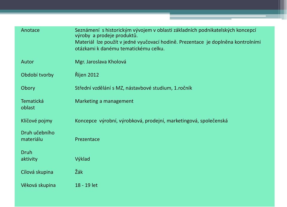 Jaroslava Kholová Období tvorby Říjen 2012 Obory Tematická oblast Klíčové pojmy Druh učebního materiálu Druh aktivity Cílová skupina Věková