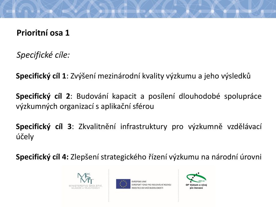 výzkumných organizací s aplikační sférou Specifický cíl 3: Zkvalitnění infrastruktury pro