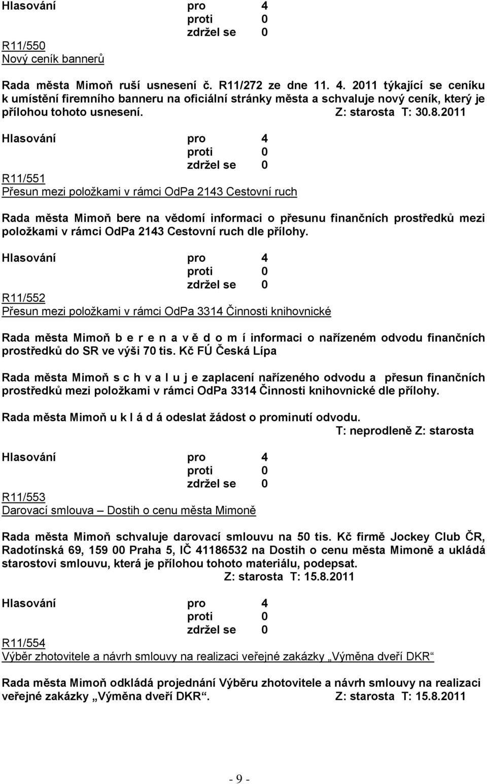 2011 R11/551 Přesun mezi poloţkami v rámci OdPa 2143 Cestovní ruch Rada města Mimoň bere na vědomí informaci o přesunu finančních prostředků mezi poloţkami v rámci OdPa 2143 Cestovní ruch dle přílohy.