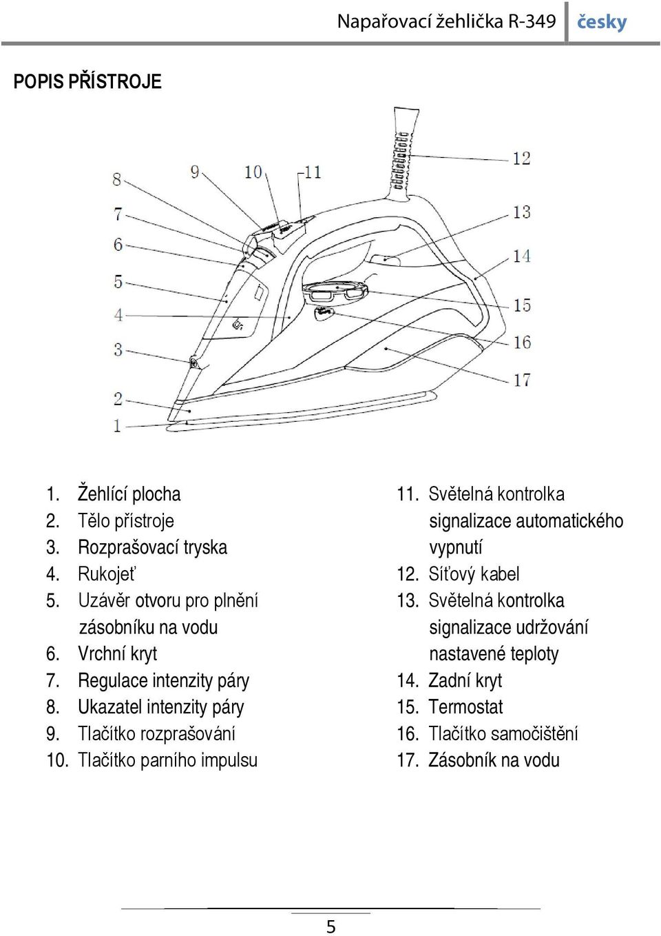 Tlačítko rozprašování 10. Tlačítko parního impulsu 11. Světelná kontrolka signalizace automatického vypnutí 12.