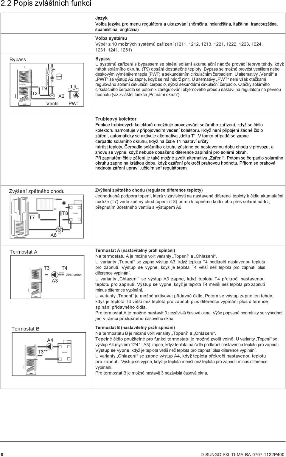 zařízení (1211, 1212, 1213, 1221, 1222, 1223, 1224, 1231, 1241, 1251) Bypass ECOplus T2 T9 Ventil A2 PWT Bypass U systémů zařízení s bypassem se plnění solární akumulační nádrţe provádí teprve tehdy,