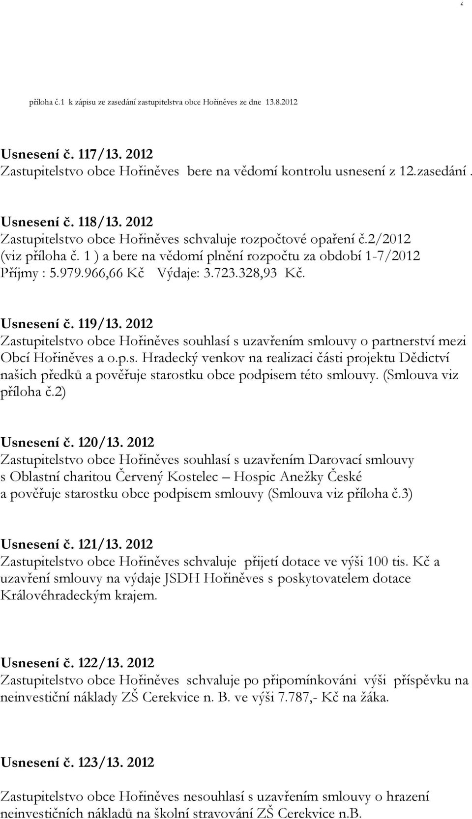 Usnesení č. 119/13. 2012 Zastupitelstvo obce Hořiněves souhlasí s uzavřením smlouvy o partnerství mezi Obcí Hořiněves a o.p.s. Hradecký venkov na realizaci části projektu Dědictví našich předků a pověřuje starostku obce podpisem této smlouvy.