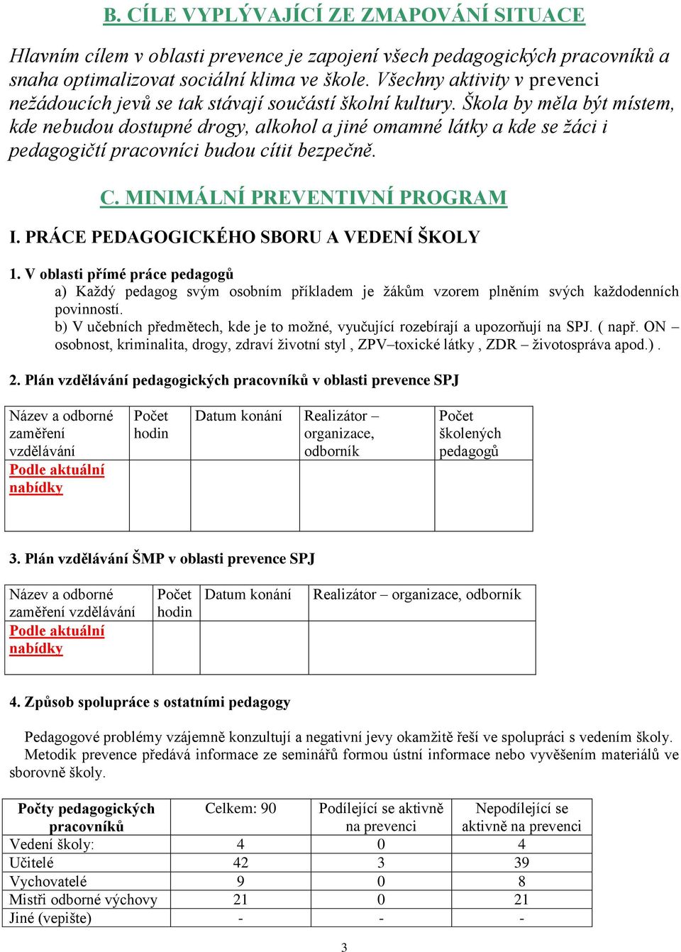 Škola by měla být místem, kde nebudou dostupné drogy, alkohol a jiné omamné látky a kde se ţáci i pedagogičtí pracovníci budou cítit bezpečně. C. MINIMÁLNÍ PREVENTIVNÍ PROGRAM I.