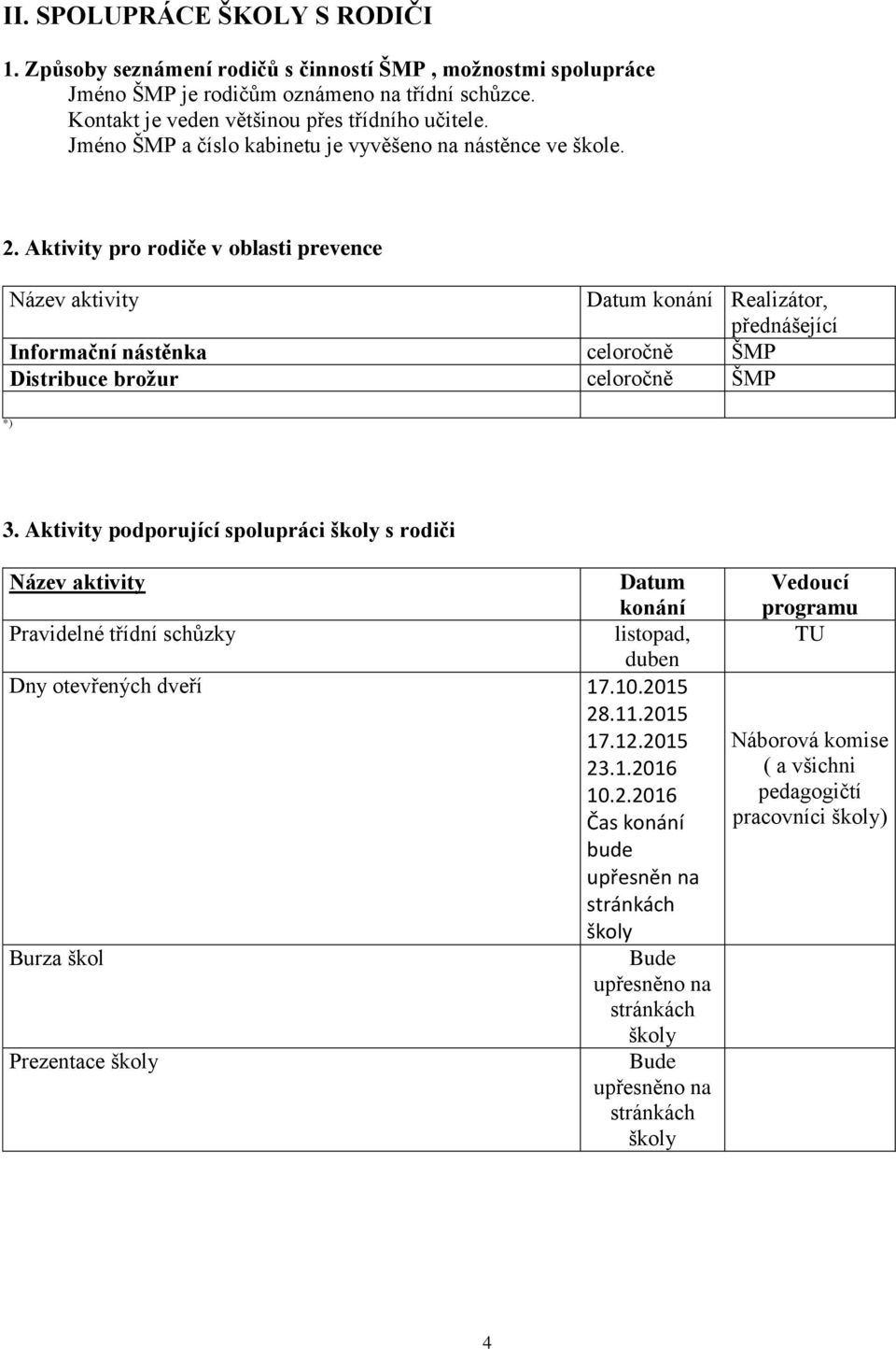 Aktivity pro rodiče v oblasti prevence Název aktivity Datum konání Realizátor, přednášející Informační nástěnka celoročně ŠMP Distribuce broţur celoročně ŠMP *) 3.