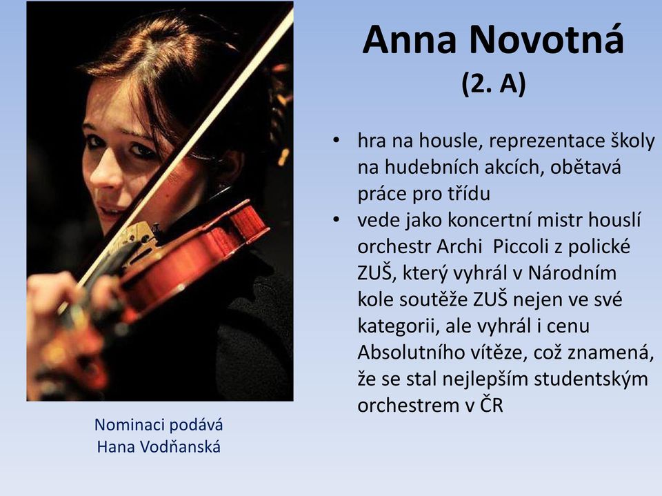 obětavá práce pro třídu vede jako koncertní mistr houslí orchestr Archi Piccoli z polické