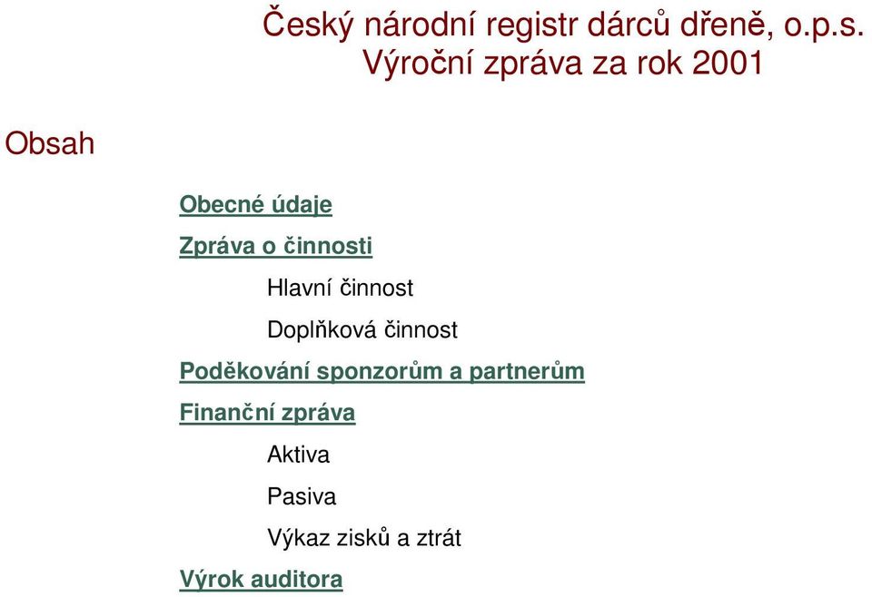 činnost Doplňková činnost Poděkování sponzorům a partnerům