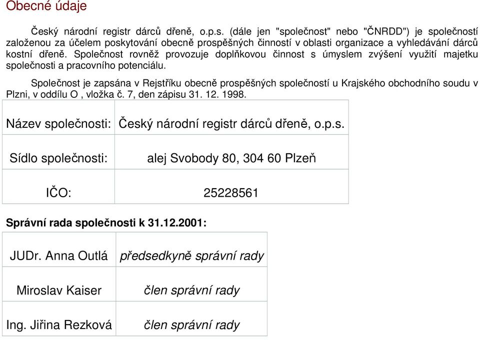 Společnost je zapsána v Rejstříku obecně prospěšných společností u Krajského obchodního soudu v Plzni, v oddílu O, vložka č. 7, den zápisu 31. 12. 1998.