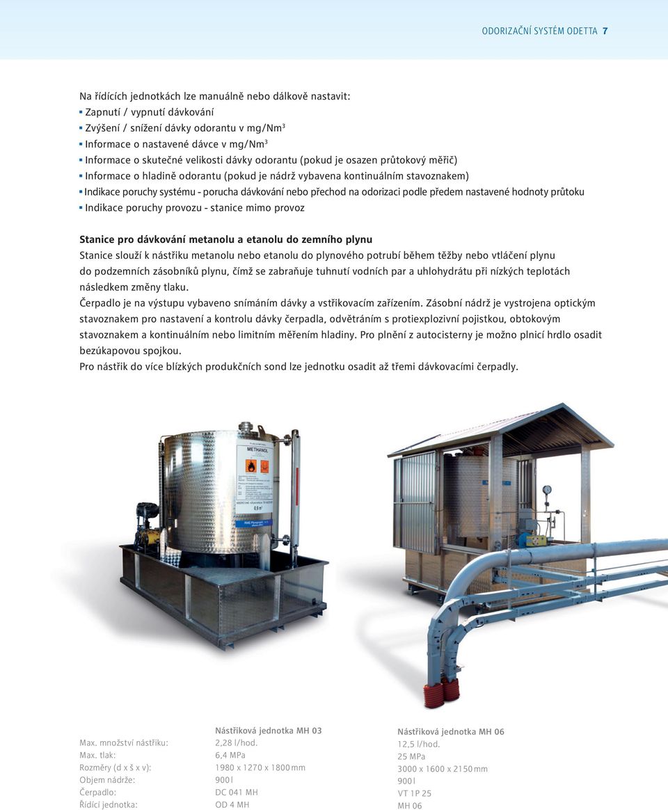 dávkování nebo přechod na odorizaci podle předem nastavené hodnoty průtoku Indikace poruchy provozu - stanice mimo provoz Stanice pro dávkování metanolu a etanolu do zemního plynu Stanice slouží k