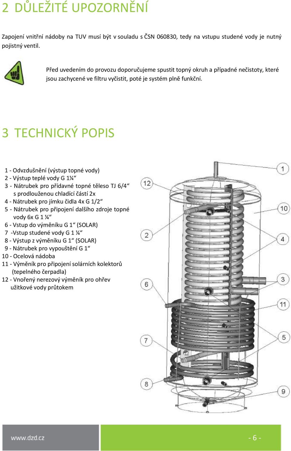 3 TECHNICKÝ POPIS 1 - Odvzdušnění (výstup topné vody) 2 - Výstup teplé vody G 1¼ 3 - Nátrubek pro přídavné topné těleso TJ 6/4 s prodlouženou chladící částí 2x 4 - Nátrubek pro jímku čidla 4x G 1/2 5