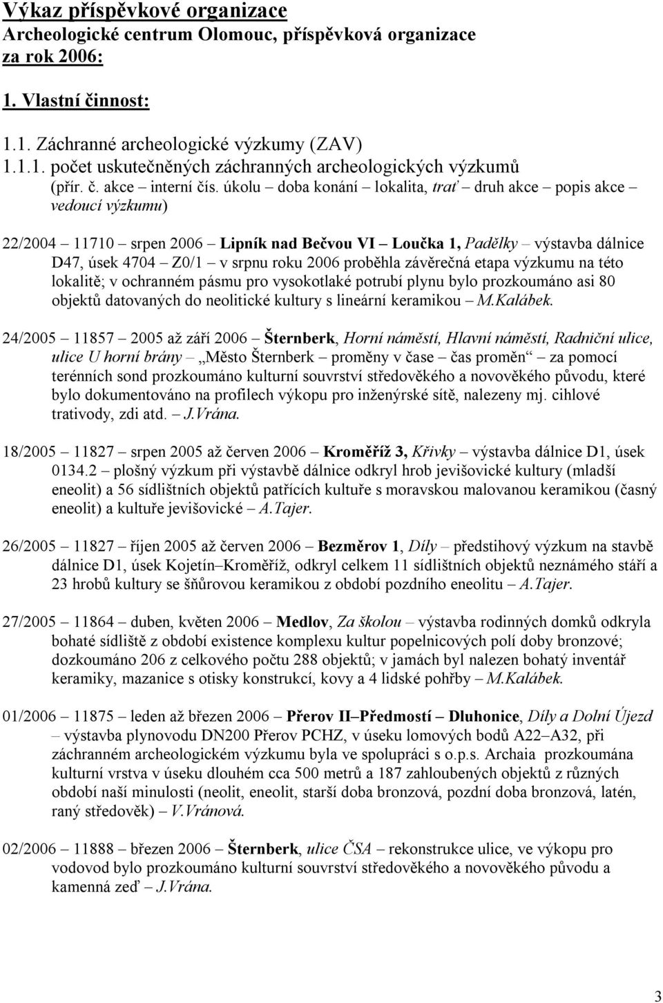 úkolu doba konání lokalita, trať druh akce popis akce vedoucí výzkumu) 22/2004 11710 srpen 2006 Lipník nad Bečvou VI Loučka 1, Padělky výstavba dálnice D47, úsek 4704 Z0/1 v srpnu roku 2006 proběhla