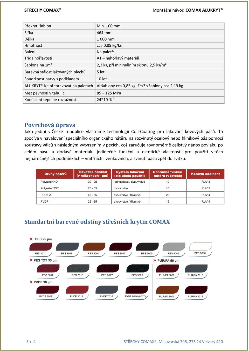 plechů 5 let Soudržnost barvy s podkladem 10 let ALUKRYT lze přepravovat na paletách Al šablony cca 0,85 kg, Fe/Zn šablony cca 2,19 kg Mez pevnosti v tahu R m 85 125 MPa Koeficient tepelné