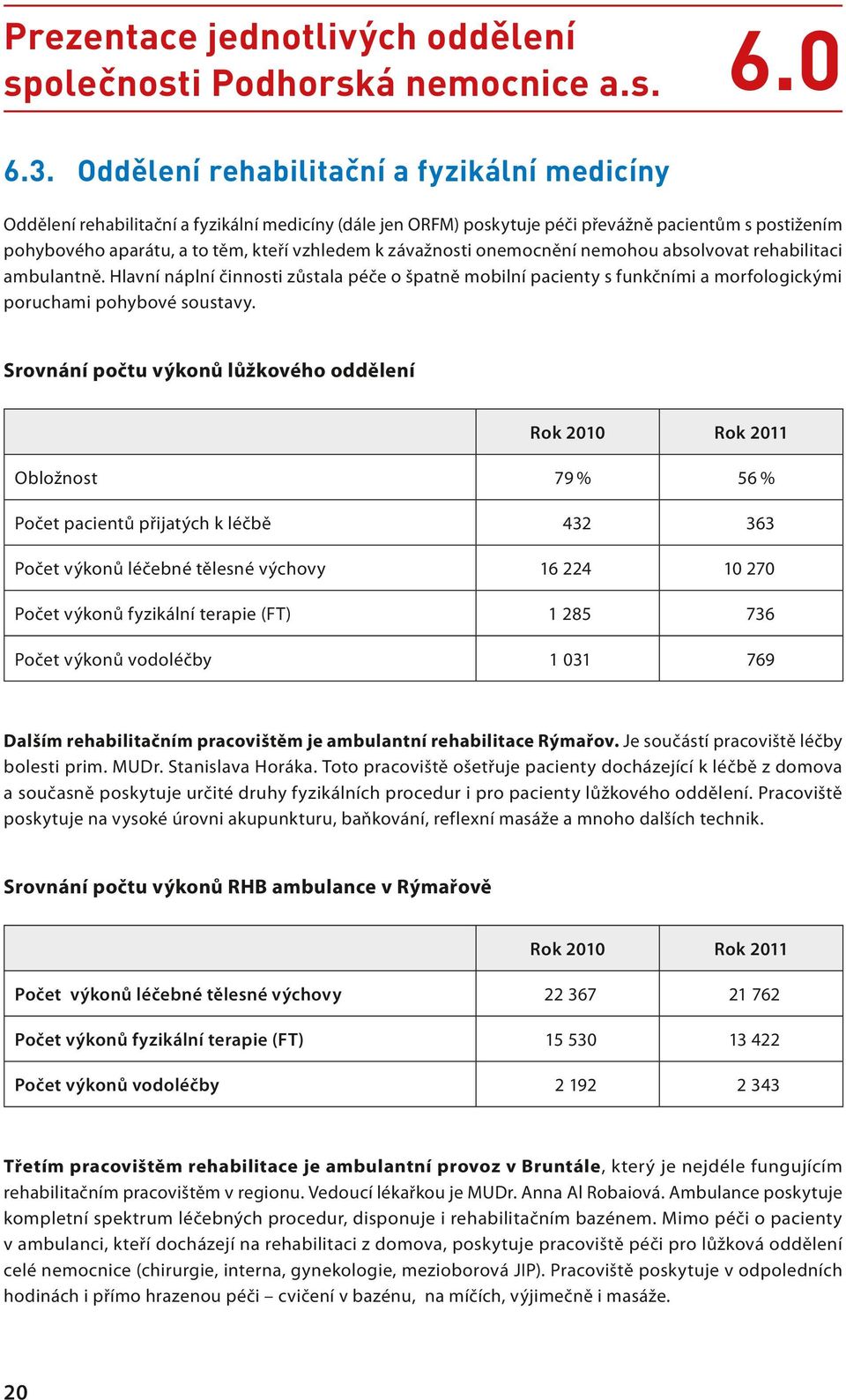 závažnosti onemocnění nemohou absolvovat rehabilitaci ambulantně. Hlavní náplní činnosti zůstala péče o špatně mobilní pacienty s funkčními a morfologickými poruchami pohybové soustavy.