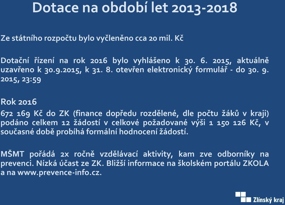 2015, 23:59 Rok 2016 672 169 Kč do ZK (finance dopředu rozdělené, dle počtu žáků v kraji) podáno celkem 12 žádostí v celkové požadované výši 1 150