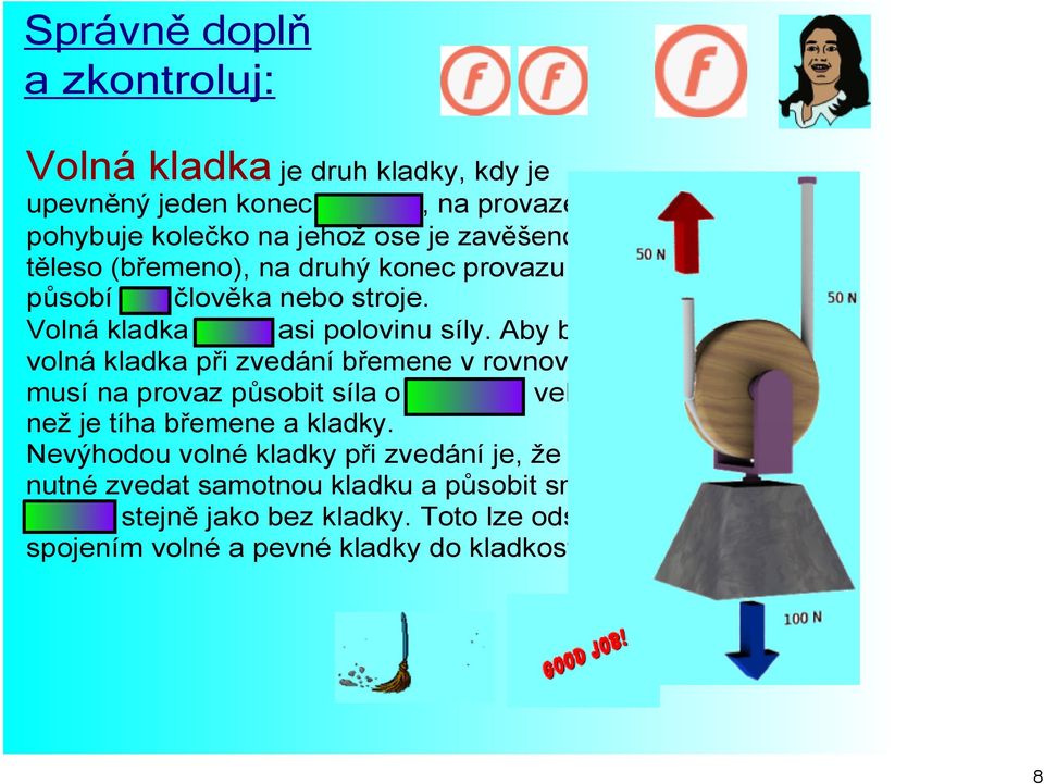 Aby byla volná kladka při zvedání břemene v rovnováze, musí na provaz působit síla o poloviční velikosti, než je tíha břemene a kladky.