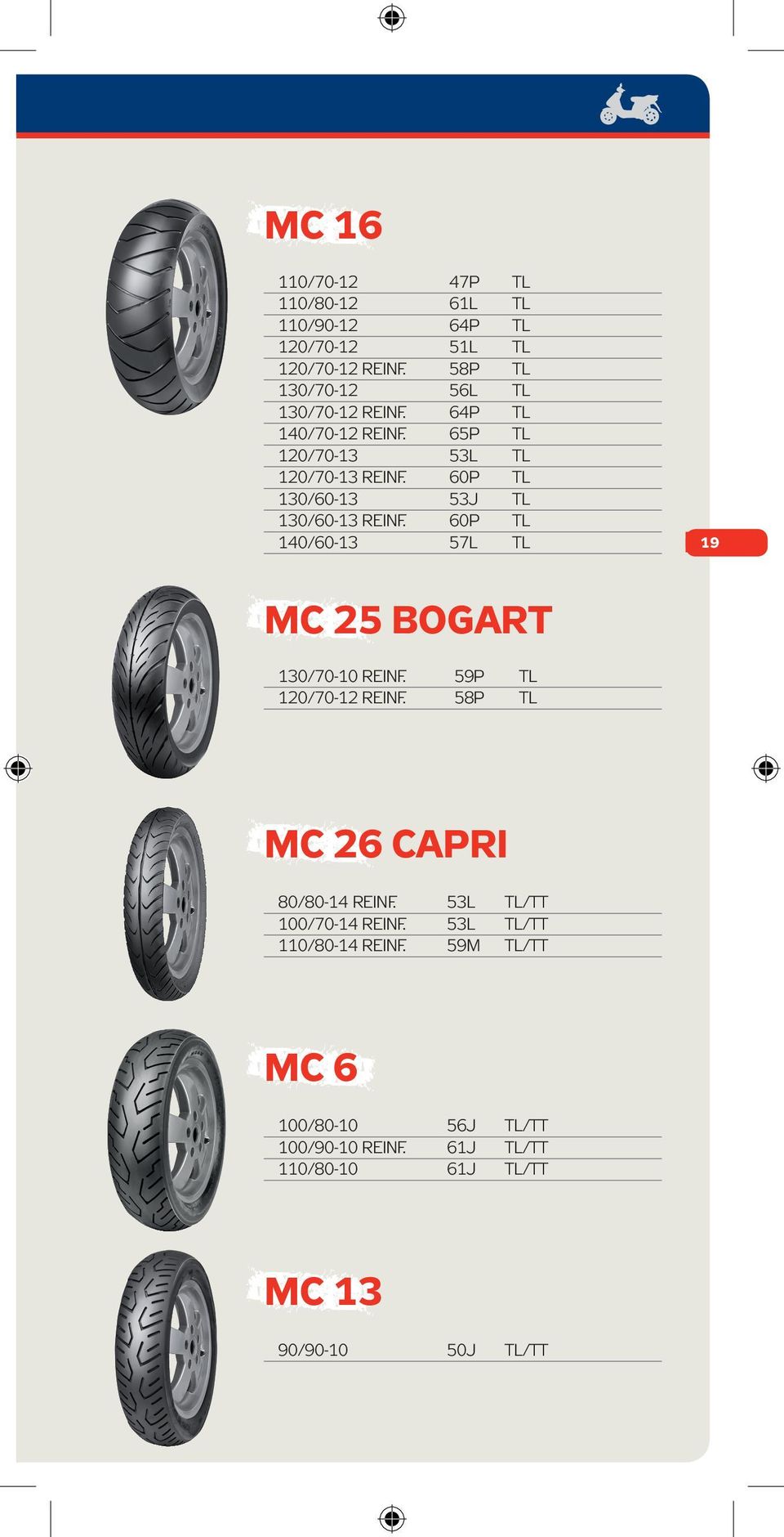 60P TL 130/60-13 53J TL 130/60-13 REINF. 60P TL 140/60-13 57L TL 19 MC 25 BOGART 130/70-10 REINF. 59P TL 120/70-12 REINF.