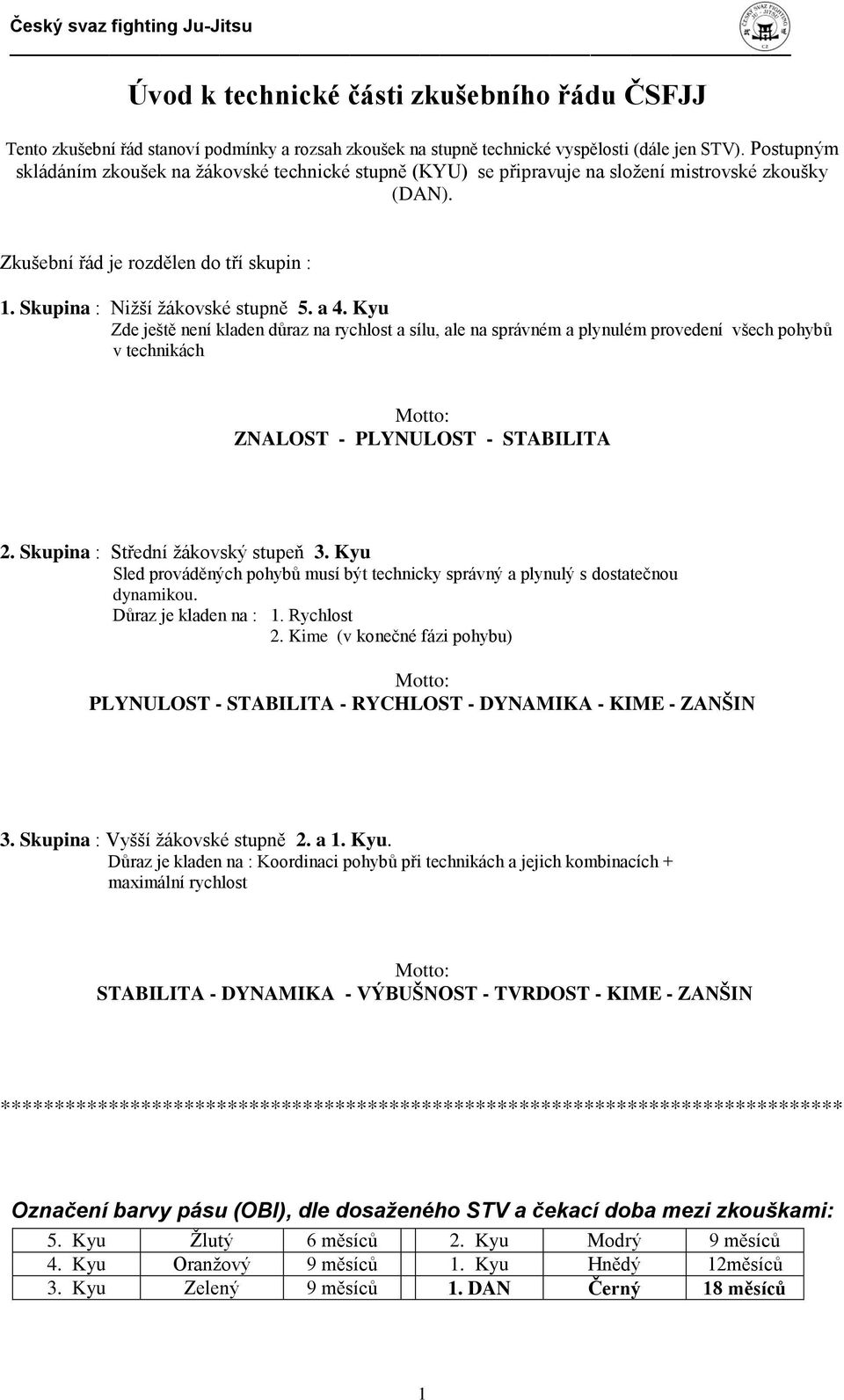 Kyu Zde ještě není kladen důraz na rychlost a sílu, ale na správném a plynulém provedení všech pohybů v technikách Motto: ZNALOST - PLYNULOST - STABILITA 2. Skupina : Střední žákovský stupeň 3.