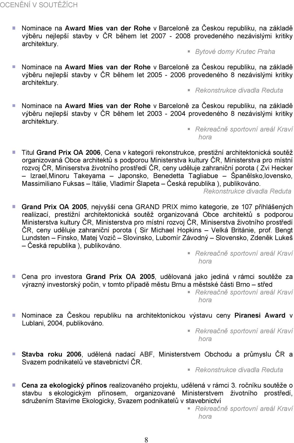 Rekonstrukce divadla Reduta Nominace na Award Mies van der Rohe v Barceloně za Českou republiku, na základě výběru nejlepší stavby v ČR během let 2003-2004 provedeného 8 nezávislými kritiky