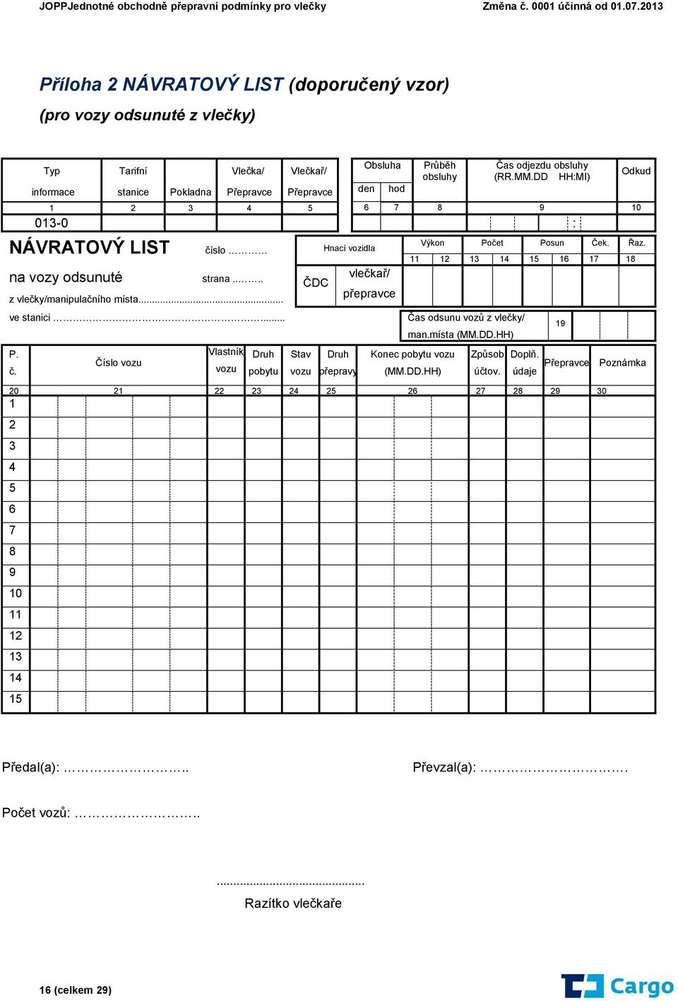 obsluhy (RR.MM.DD HH:MI) 1 2 3 4 5 6 7 8 9 10 013-0 : NÁVRATOVÝ LIST na vozy odsunuté čí