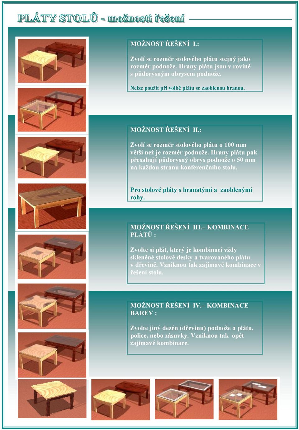Pro stolové pláty s hranatými a zaoblenými rohy. MOŽNOST ŘEŠENÍ III. KOMBINACE PLÁTŮ : Zvolte si plát, který je kombinací vždy skleněné stolové desky a tvarovaného plátu v dřevině.
