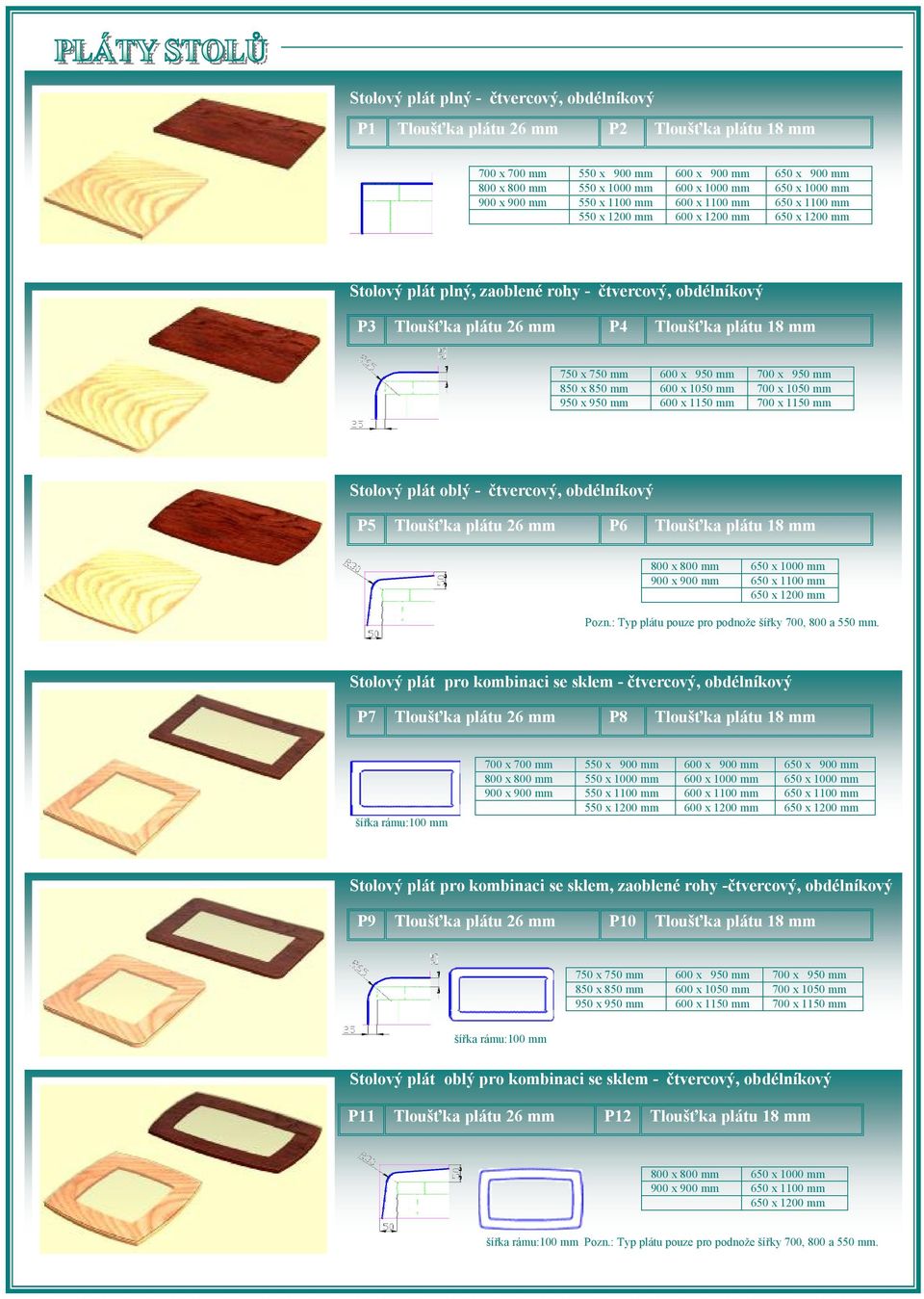 plátu 18 mm 800 x 800 mm 650 x 1000 mm 900 x 900 mm 650 x 1100 mm 650 x 1200 mm Pozn.: Typ plátu pouze pro podnože šířky 700, 800 a 550 mm.