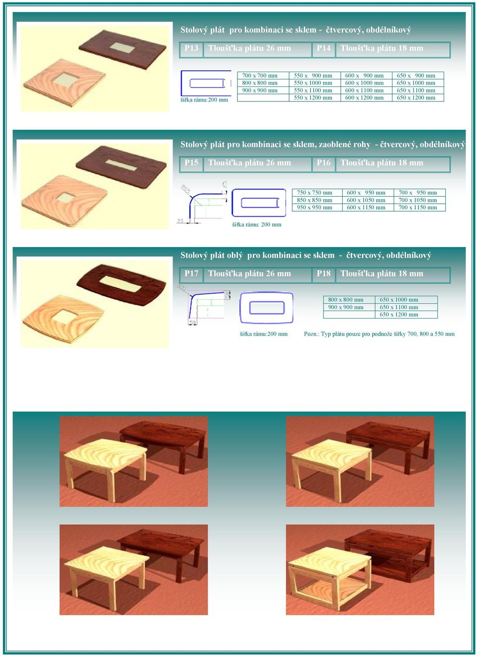 700 x 1050 mm 950 x 950 mm 600 x 1150 mm 700 x 1150 mm šířka rámu: 200 mm Stolový plát oblý pro kombinaci se sklem - čtvercový, obdélníkový P17 Tloušťka plátu 26