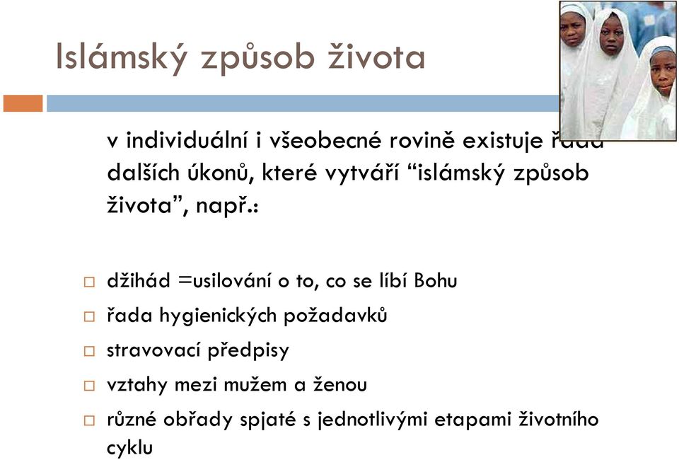 : džihád =usilování o to, co se líbí Bohu řada hygienických požadavků