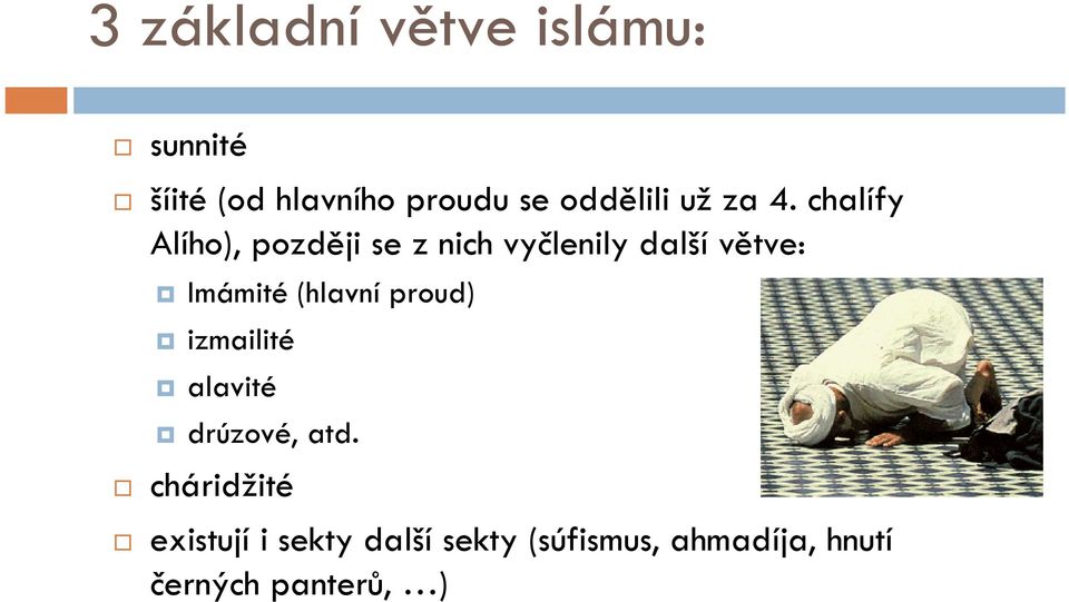 chalífy Alího), později se z nich vyčlenily další větve: Imámité