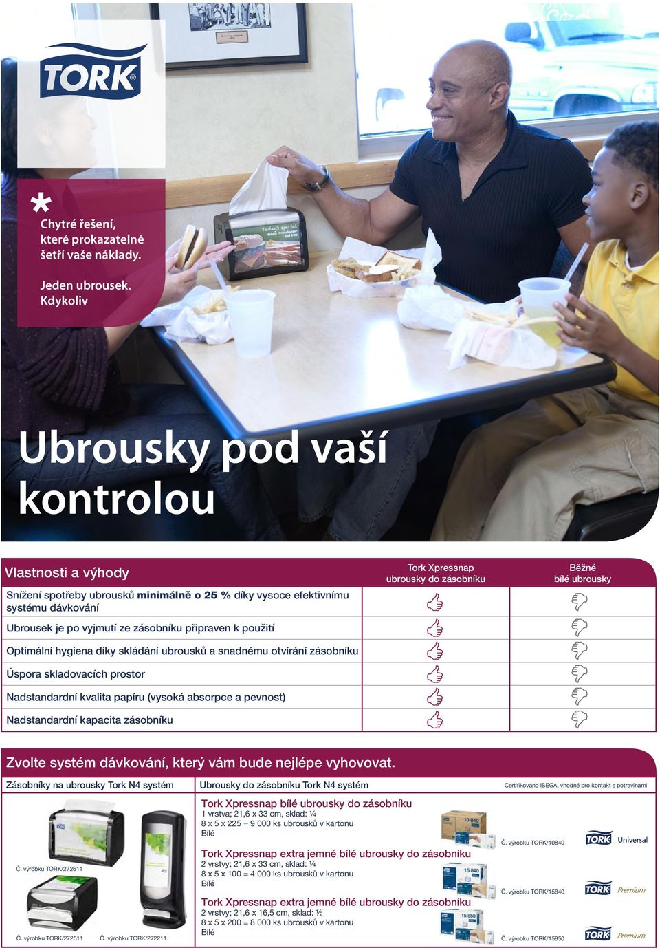 Ubrousky pod vaší kontrolou Vlastnosti a výhody Snížení spotřeby ubrousků minimálně o 25 % díky vysoce efektivnímu systému dávkování Ubrousek je po vyjmutí ze zásobníku připraven k použití Optimální