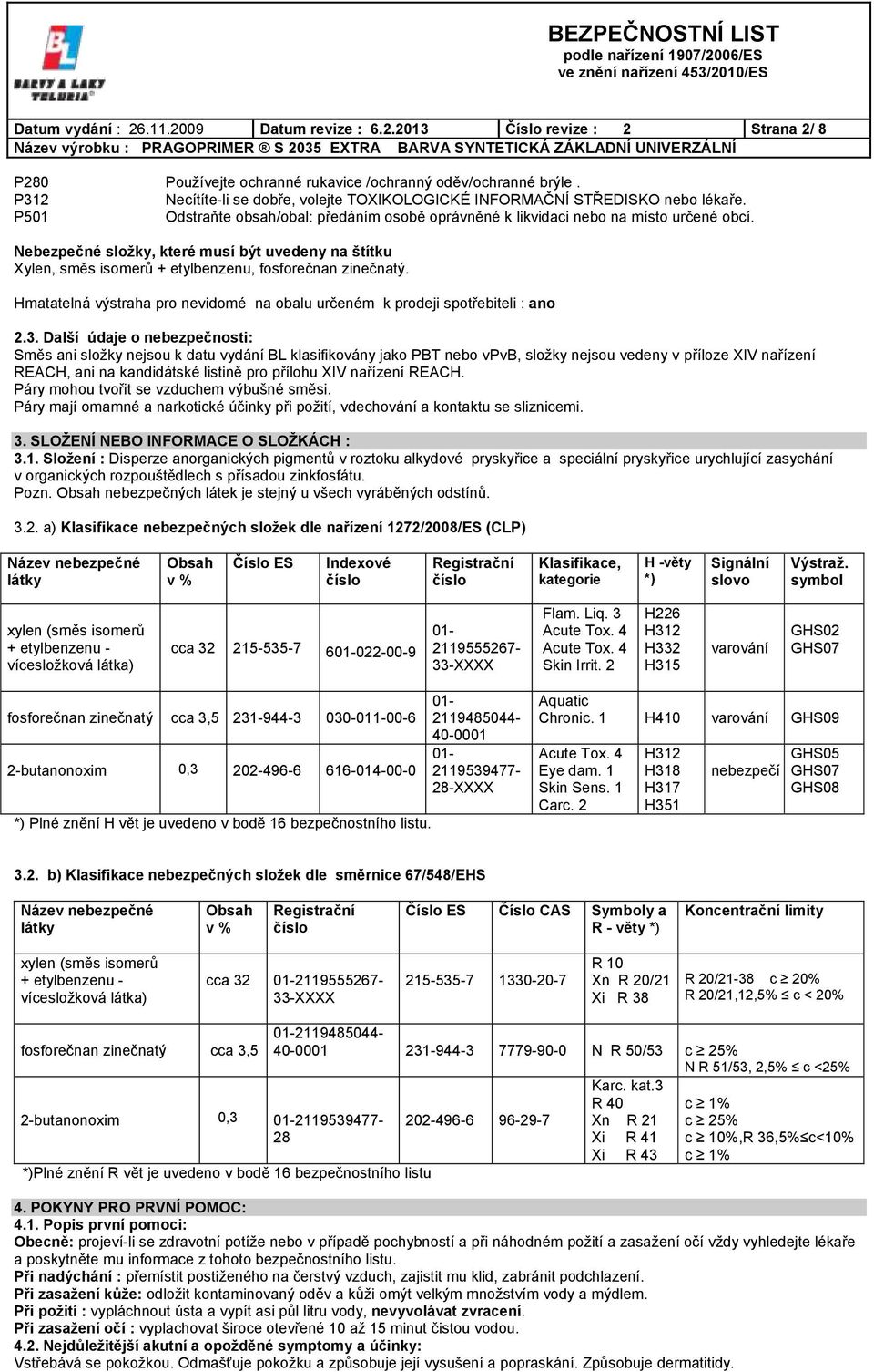 Nebezpečné složky, které musí být uvedeny na štítku Xylen, směs isomerů + etylbenzenu, fosforečnan zinečnatý. Hmatatelná výstraha pro nevidomé na obalu určeném k prodeji spotřebiteli : ano 2.3.