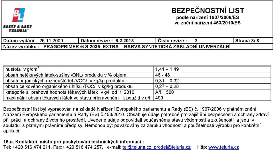 2010 A/i 500 maximální obsah těkavých látek ve stavu připraveném k použití v g/l 499 Bezpečnostní list byl vypracován na základě Nařízení Evropského parlamentu a Rady (ES) č.