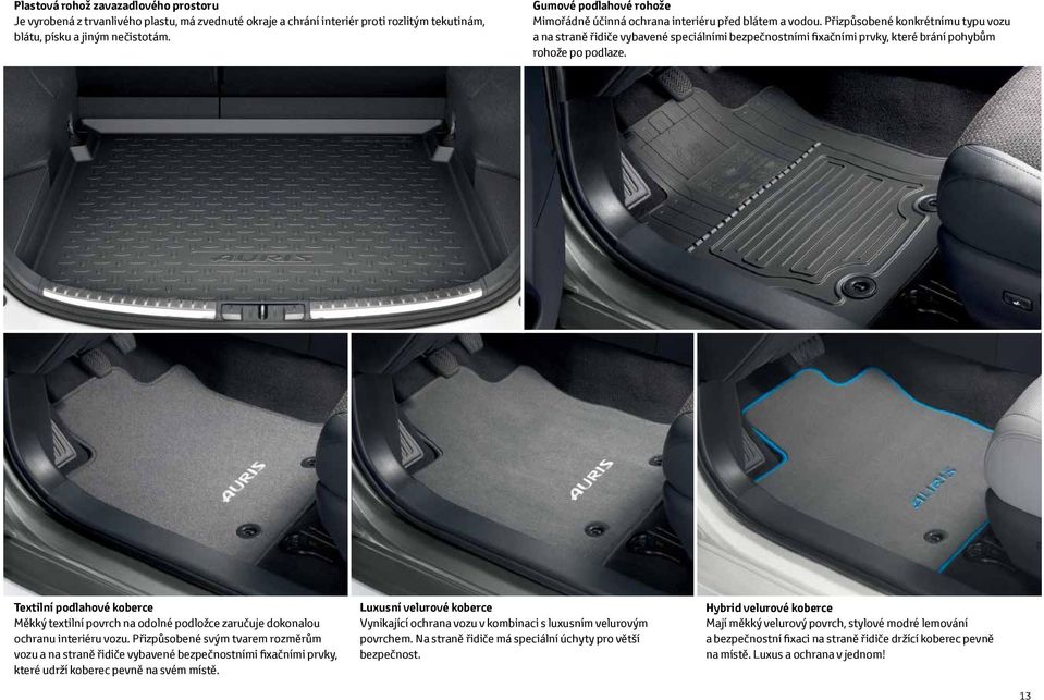 Přizpůsobené konkrétnímu typu vozu a na straně řidiče vybavené speciálními bezpečnostními fixačními prvky, které brání pohybům rohože po podlaze.