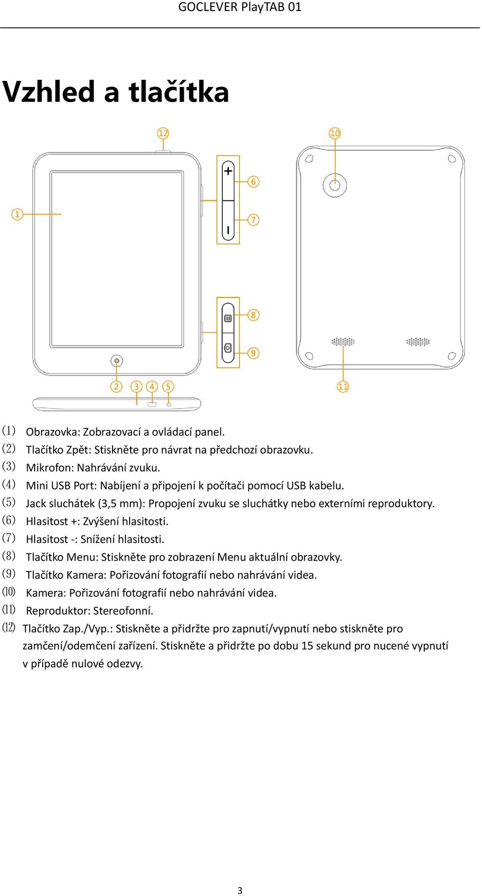 ⑺ Hlasitost -: Snížení hlasitosti. ⑻ Tlačítko Menu: Stiskněte pro zobrazení Menu aktuální obrazovky. ⑼ Tlačítko Kamera: Pořizování fotografií nebo nahrávání videa.