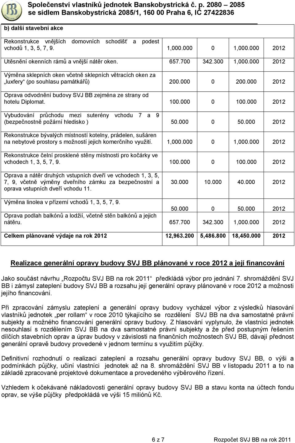 000 0 100.000 2012 Vybudování průchodu mezi suterény vchodu 7 a 9 (bezpečnostně požární hledisko ) 50.000 0 50.