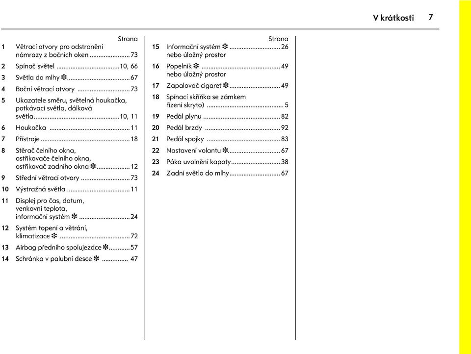 ..12 9 Støední vìtrací otvory...73 10 Výstražná svìtla...11 11 Displej pro èas, datum, venkovní teplota, informaèní systém 3...24 12 Systém topení a vìtrání, klimatizace 3.